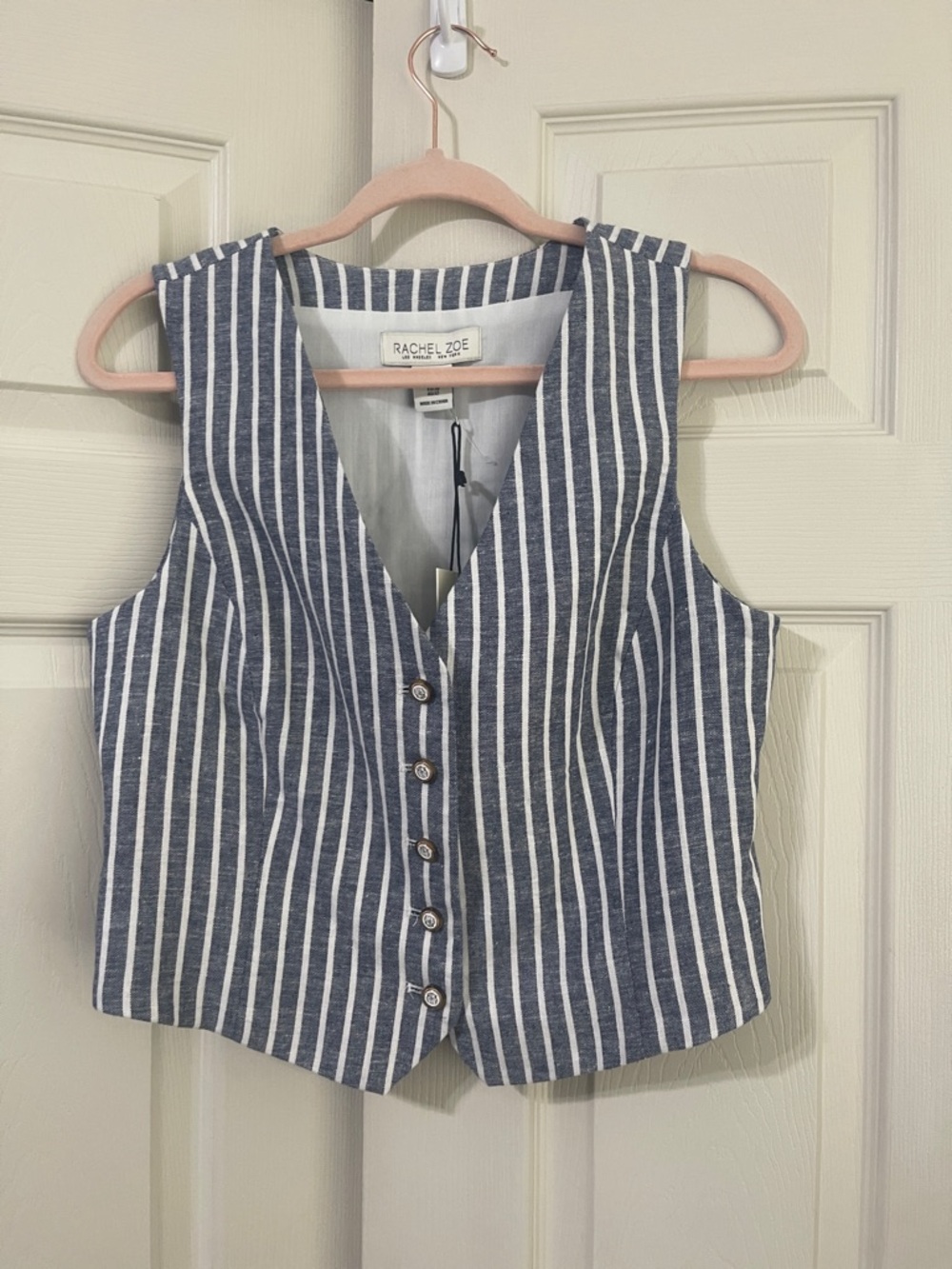 Rachel Zoe blue & White Vertical Stripe Sleeveless Button Vest.  CONT B